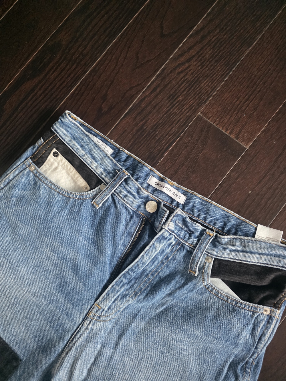 Calvin Klein Blue Straight-Leg Jeans with Black & White Knee Panels - Picture 5 of 11